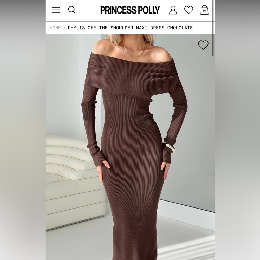Princess Polly Phylis Off The Shoulder Maxi Dress Chocolate, size 2, worn once